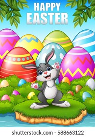 Vector illustration of Happy rabbit cartoon in the woods near the river