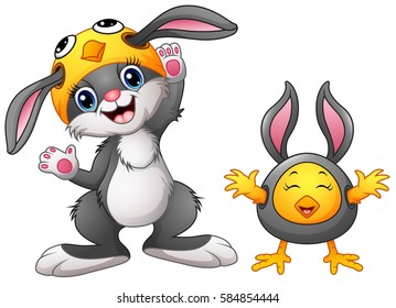 Vector illustration of Happy rabbit and chicken cartoon in costume