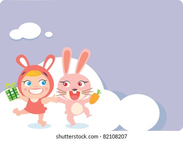 Vector illustration of Happy rabbit and child