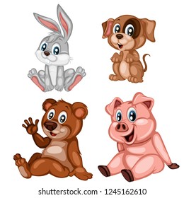 Vector Illustration of Happy Rabbit, Dog, Bear and Pig. Cute Cartoon Animals Sitting Isolated on a White Background. Happy Animals Set
