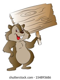 Vector illustration of happy rabbit holding wooden signboard.