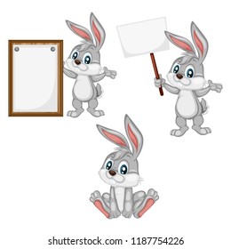 Vector Illustration of a Happy Rabbit Set. Cute Cartoon Bunnies in Different Poses Isolated on a White Background. Happy Animals Set. Bunny Holding a Banner, Sitting