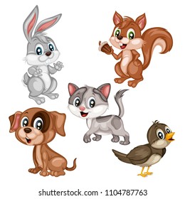 Vector Illustration of a Happy Rabbit, Squirrel, Dog, Cat and Bird. Cute Cartoon Pets Isolated on a White Background. Happy Animals Set