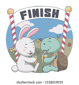 Vector Illustration of Happy Rabbit and Turtle Drink together after Race.