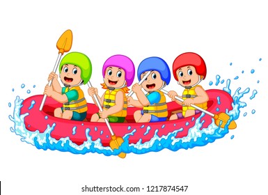 vector illustration of happy rafting team in a river