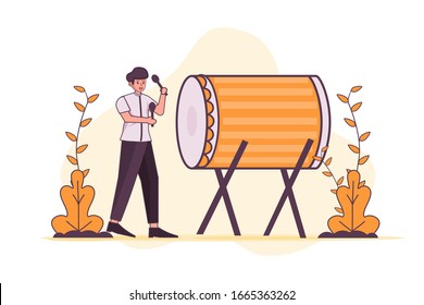 vector illustration happy ramadan or ramadhan kareem with people and bedhug percussion in puasa or fasting muslim islamic. can use for banner ui poster web blog social media. 