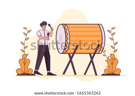 vector illustration happy ramadan or ramadhan kareem with people and bedhug percussion in puasa or fasting muslim islamic. can use for banner ui poster web blog social media. 
