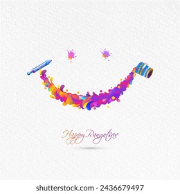 Vector illustration of Happy rangotsav text for indian Holi festival. Color splash as happy smile shape.