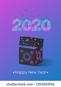 Vector illustration of happy rat chinese new year 2020 neon numeral with white snowflakes ornament  on colorful background with dark gift box. 