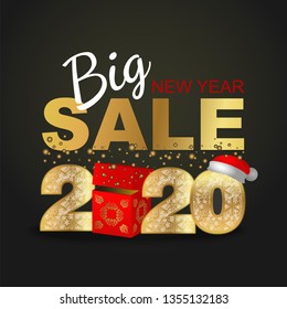 Vector illustration of happy Rat new year 2020 gold numeral with glitter snowflakes ornament with red gift box. Red Santa hat on number font. Big christmas sale poster, flyer, banner print design