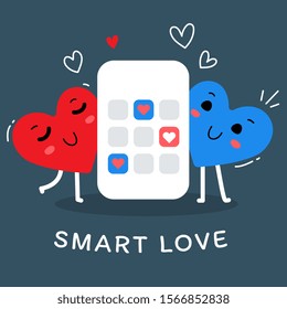 Vector illustration of happy red and blue smiling heart character with smart phone on dark background. Flat style design for Valentine's Day greeting card, web, site, banner, poster, sticker