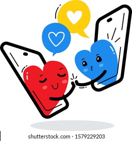 Vector illustration of happy red and blue heart character in smart phone hold each other's hands on white background. Flat style design for Valentine's Day greeting card, web, site, banner, poster