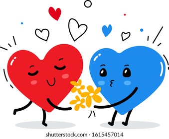 Vector illustration of happy red and blue heart character with flower bouquet on white background with heart. Flat style design for Valentine's Day greeting card, web, site, banner, poster, sticker