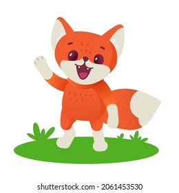 Vector illustration of happy red fox character with fluffy tail on white color background. Flat style design of animal fox on green grass for web, site, banner, poster, child card