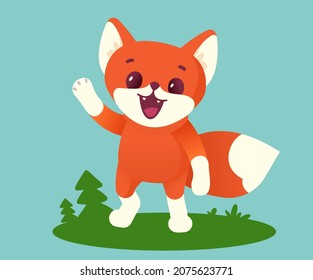 Vector illustration of happy red fox character with fluffy tail on green color background. Flat style design of animal fox on green grass for web, site, banner, poster, child card