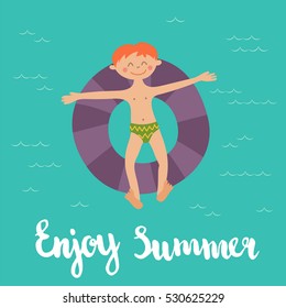 vector illustration of a happy red haired boy swimming in a tube in the sea, hand lettering text Enjoy summer