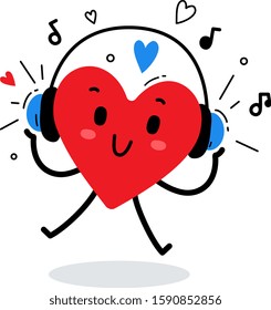 Vector illustration of happy red heart character listening to music in headphones on white background. Flat style design for Valentine's Day greeting card, web, site, banner, poster, sticker