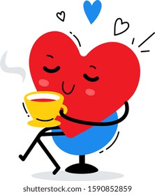 Vector illustration of happy red heart character in chair with cup of coffee on white background. Flat style design for Valentine's Day greeting card, web, site, banner, poster, sticker