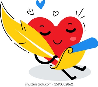 Vector illustration of happy red heart character writing a love poem by feather on white background. Flat style design for Valentine's Day greeting card, web, site, banner, poster, sticker