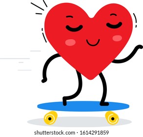 Vector illustration of happy red heart character is rolling on a skateboard on white background. Flat style design for Valentine's Day greeting card, web, site, banner, poster, sticker