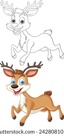 Vector illustration of a happy reindeer, colored and outlined.