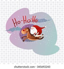 Vector illustration of happy reindeer and Santa Claus with presents riding on a snowy night sky on a holiday.