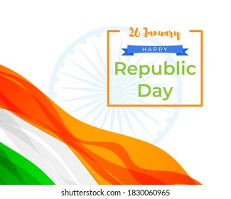 Vector illustration of Happy Republic day, 26 january, national holiday of India, abstract wavy Indian flag, ashoka chakra, banner template for website.