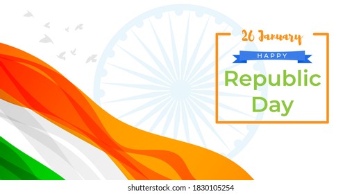 Vector illustration of Happy Republic day, 26 january, national holiday of India, abstract wavy Indian flag, ashoka chakra, flying birds, banner template for website.