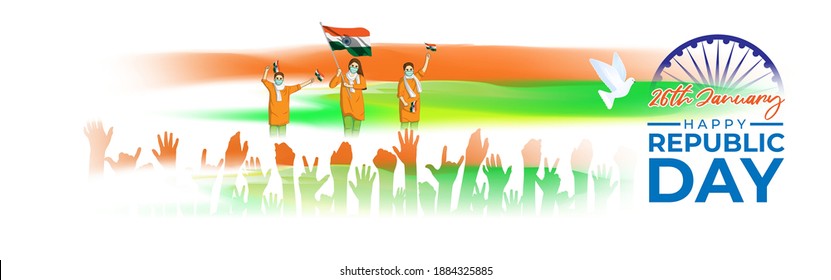 Vector illustration of Happy Republic day concept banner, 26 january, national holiday of India, people with mask holding India flag, redfort, illustration poster.