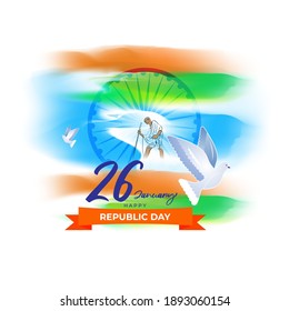 Vector illustration of Happy Republic day concept banner, 26 january, national holiday of India, Indian flag, pigeon, illustration poster.