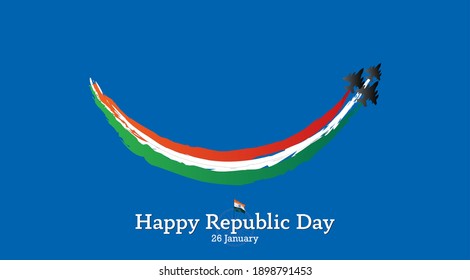 Vector illustration, Happy republic day of India concept with Indian Army, smile, tricolor fighter jet parade in sky and Happy republic day 26 January typography