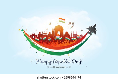 Vector illustration Happy republic day of India and Indian Army tricolor fighter jet parade at India gate with smile on 26 January