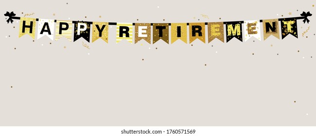 Vector illustration of Happy Retirement banner on a grey background with sparkles and confetti in flat design style