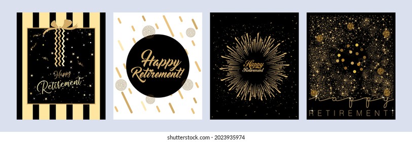 Vector illustration of Happy Retirement posters on a grey background with sparkles and confetti in flat design style