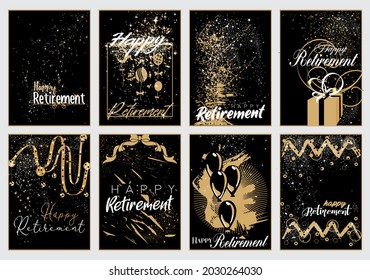 Vector illustration of Happy Retirement posters in black and gold color themes with sparkles and confetti in flat design style