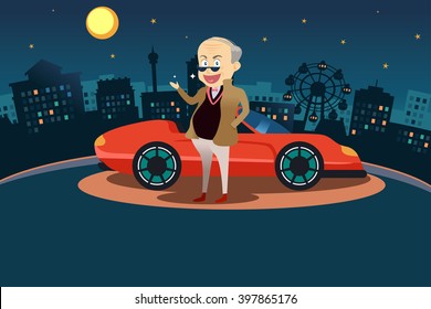 A vector illustration of happy rich man standing in front his sport car