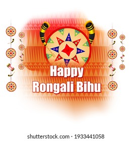 Vector illustration of Happy Rngoli Bihu, Assamese New Year, Indian traditional festival, Harvest festival of Assam, Couple performing Bihu folk dance.