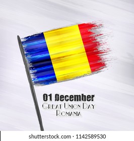 Vector illustration of Happy Romania Great Union Day 01 December. Waving flags isolated on gray background.