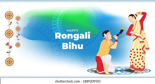 Vector illustration of Happy Rongali Bihu, Assamese New Year, Indian traditional festival, Harvest festival of Assam.