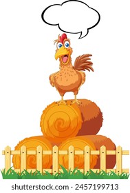 Vector illustration of a happy rooster atop hay bales.