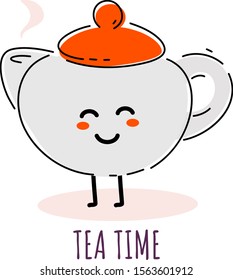 Vector illustration of happy round teapot character with red lid on white background. Flat line art style design for web, site, poster, banner, menu, sticker