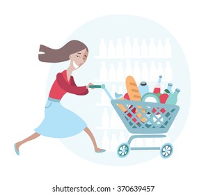 Vector illustration of happy running woman push her cart with different grocery in food store