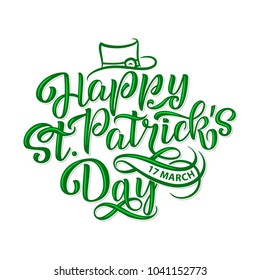Vector illustration of Happy Saint Patrick s Day logotype. Hand sketched Irish celebration design. Beer festival lettering typography icon. Hand drawn typography badge with hat