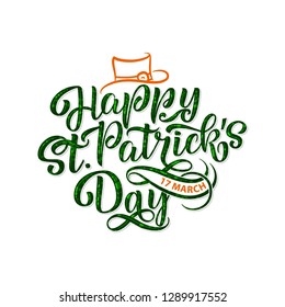 Vector illustration of Happy Saint Patrick s Day logotype. Hand sketched Irish celebration design. Beer festival lettering typography icon. Hand drawn typography badge with hat