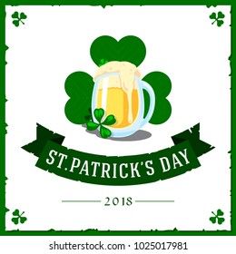 Vector illustration of Happy Saint Patrick's Day with beer and clover.