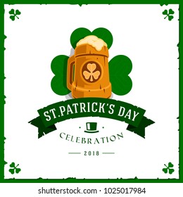 Vector illustration of Happy Saint Patrick's Day with beer and clover.