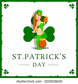 Vector illustration of Happy Saint Patrick's Day. Happy Leprechaun girl in green sexy underwear and hat with beer and golden coins.