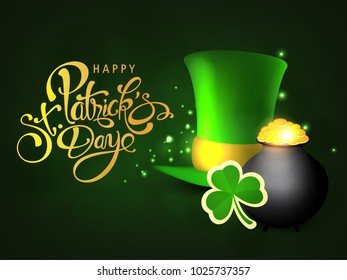 Vector illustration of Happy Saint Patrick's Day logotype. Hand sketched Irish celebration design. Beer festival lettering typography icon. Hand drawn typography badge with green hat and shamrock