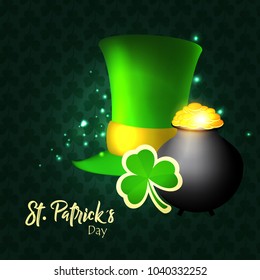 Vector illustration of Happy Saint Patrick's Day logotype. Hand sketched Irish celebration design. Beer festival lettering typography icon. Hand drawn typography badge with green hat and shamrock