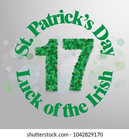 Vector illustration of Happy Saint Patrick's Day logotype. Hand sketched Irish celebration design. Beer festival lettering typography icon. Hand drawn typography badge with green hat and shamrock